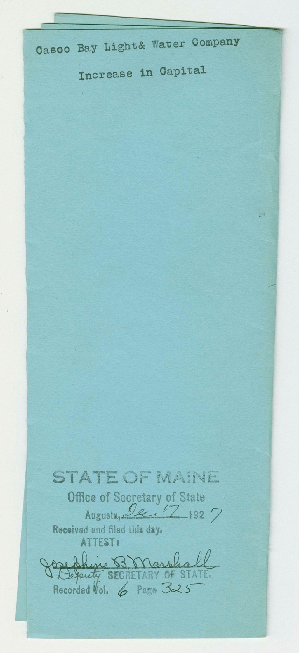 Miniature of Increase in Capitol Stock of Casco Bay Light & Water Company