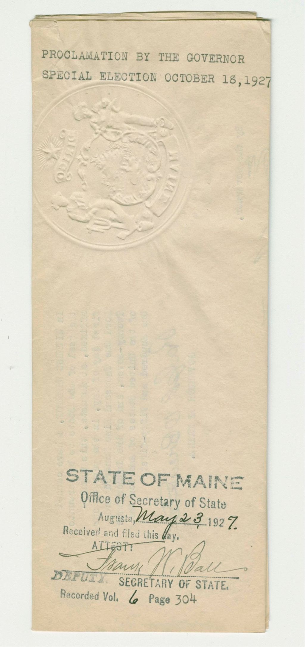 Miniature of Proclamation by the Governor Special Election