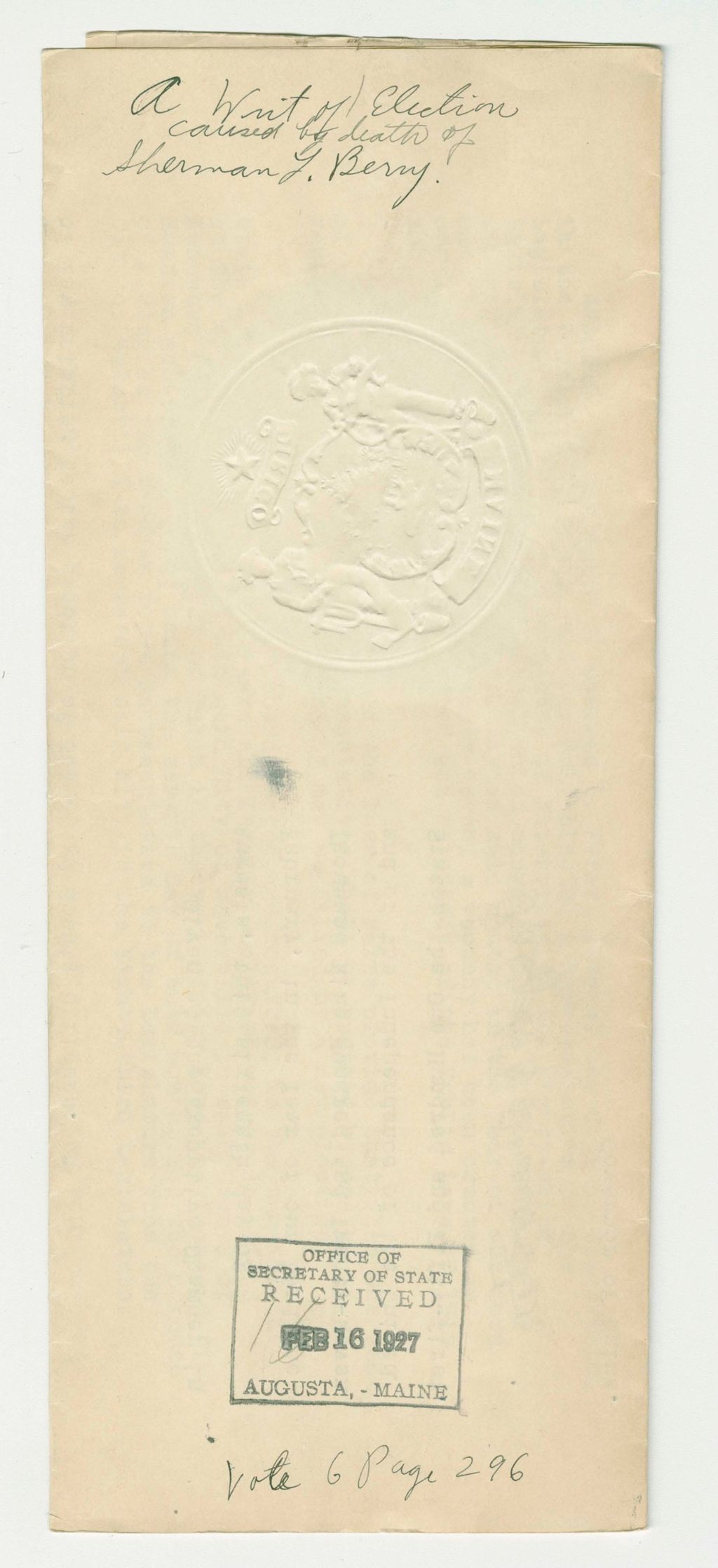 Miniature of A Writ of Election caused by the death of Sherman L. Berry