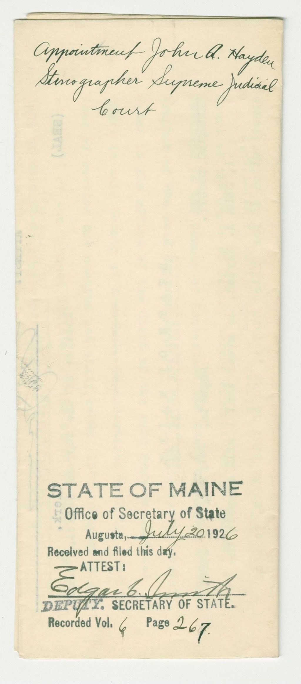 Miniature of Appointment John A. Hayden Stenographer Supreme Judicial Court