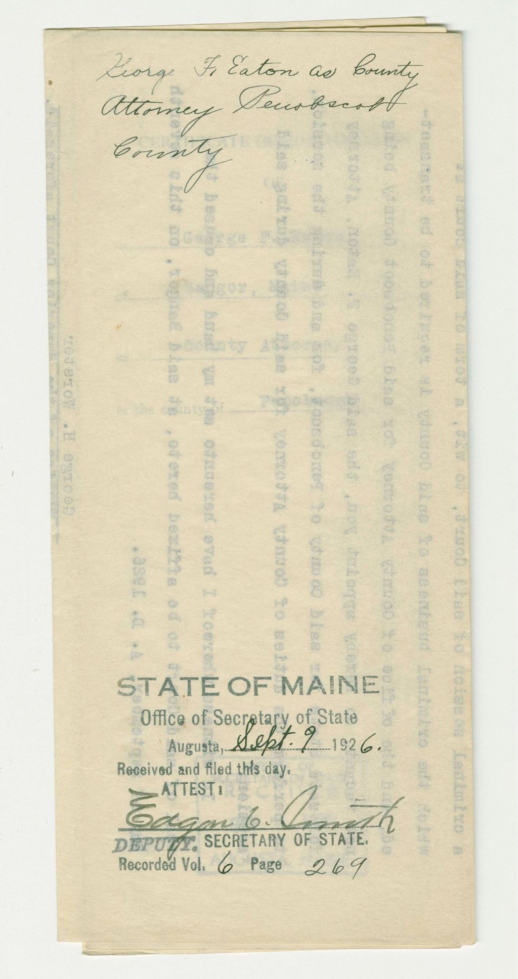 Miniature of George F. Eaton as County Attorney Penobscot County