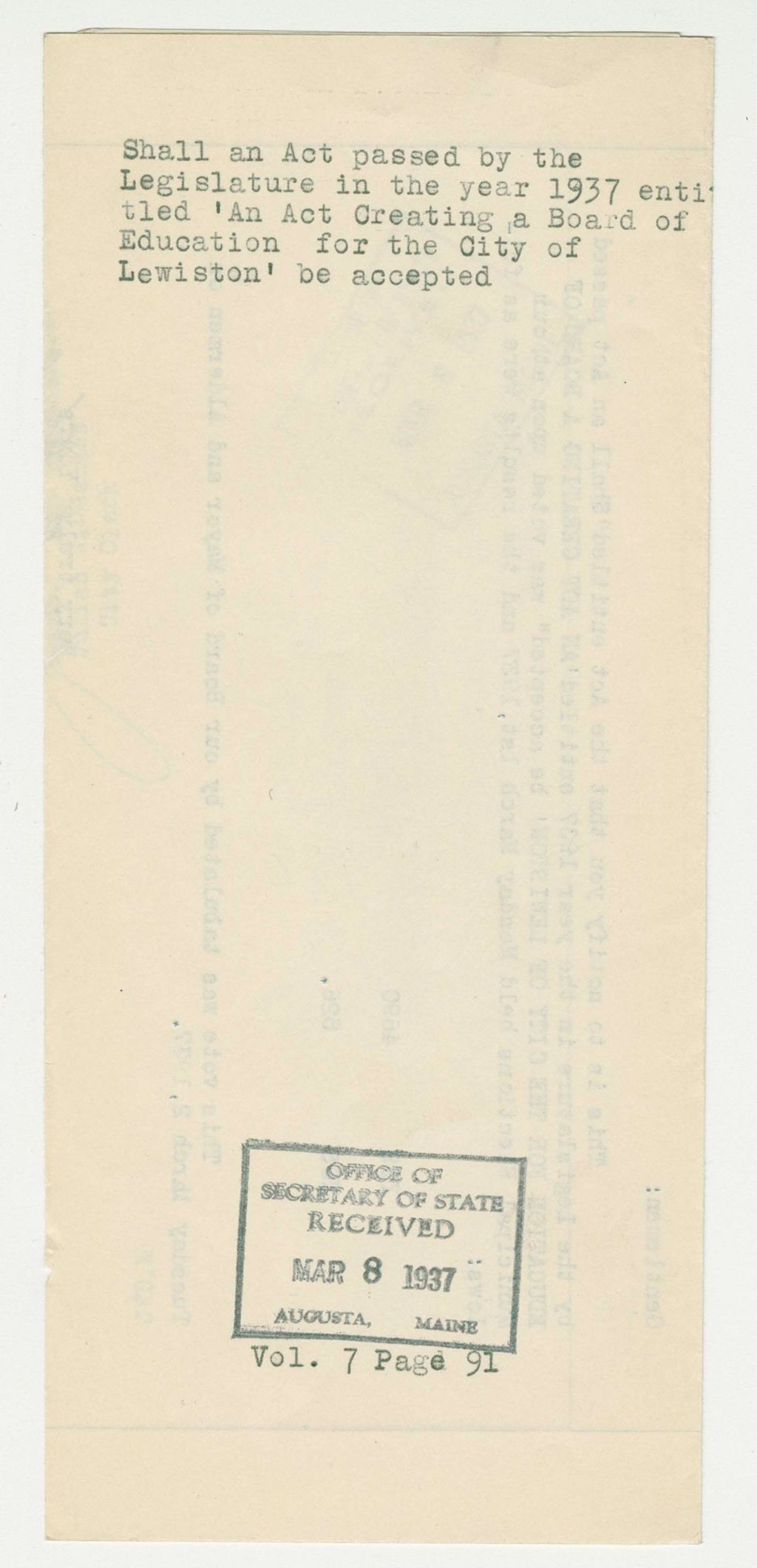 Miniature of Shall an Act passed by the Legislature in the year 1937 entitled 'An Act Creating a Board of Education for the City of Lewiston' be accepted