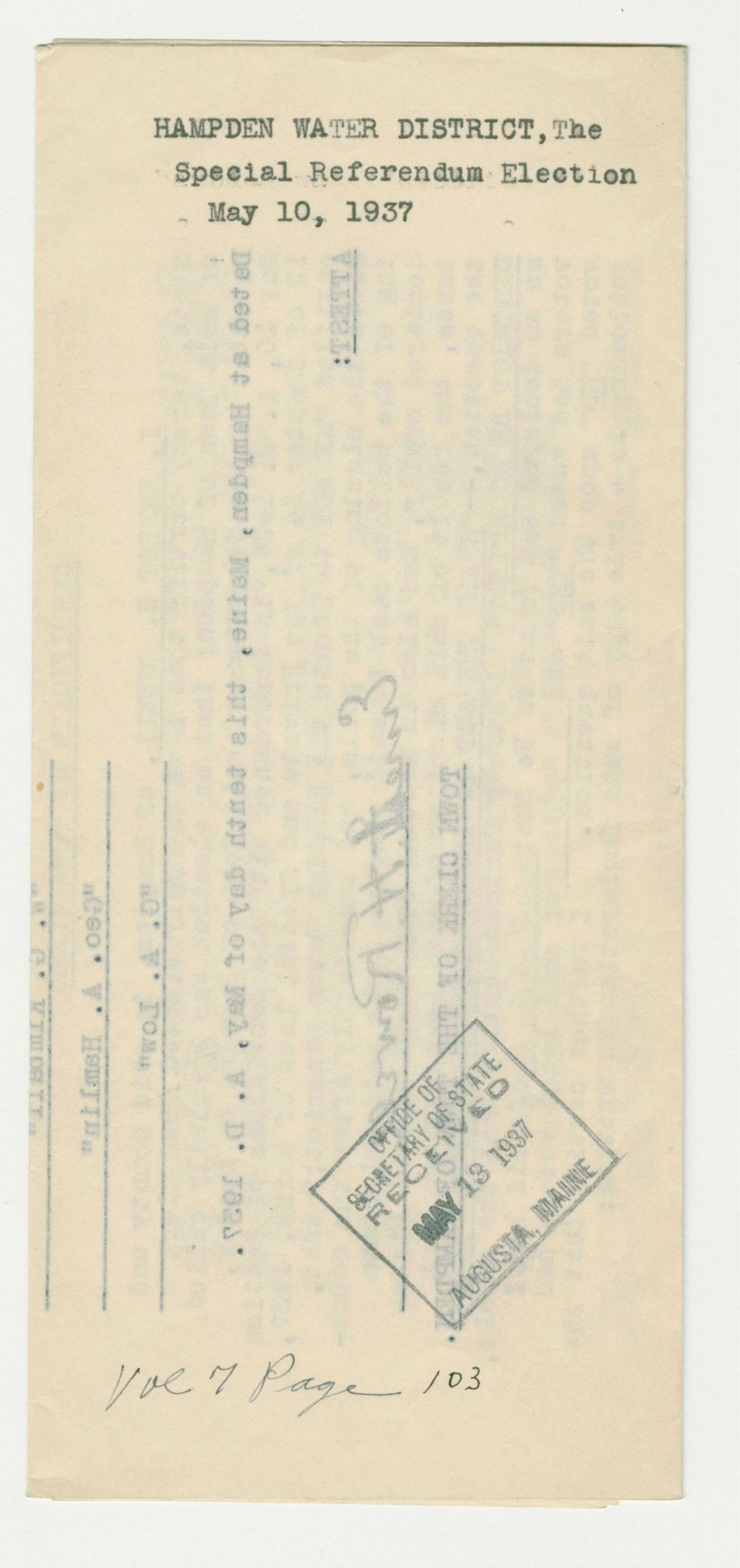 Miniature of Hampden Water District Special Election