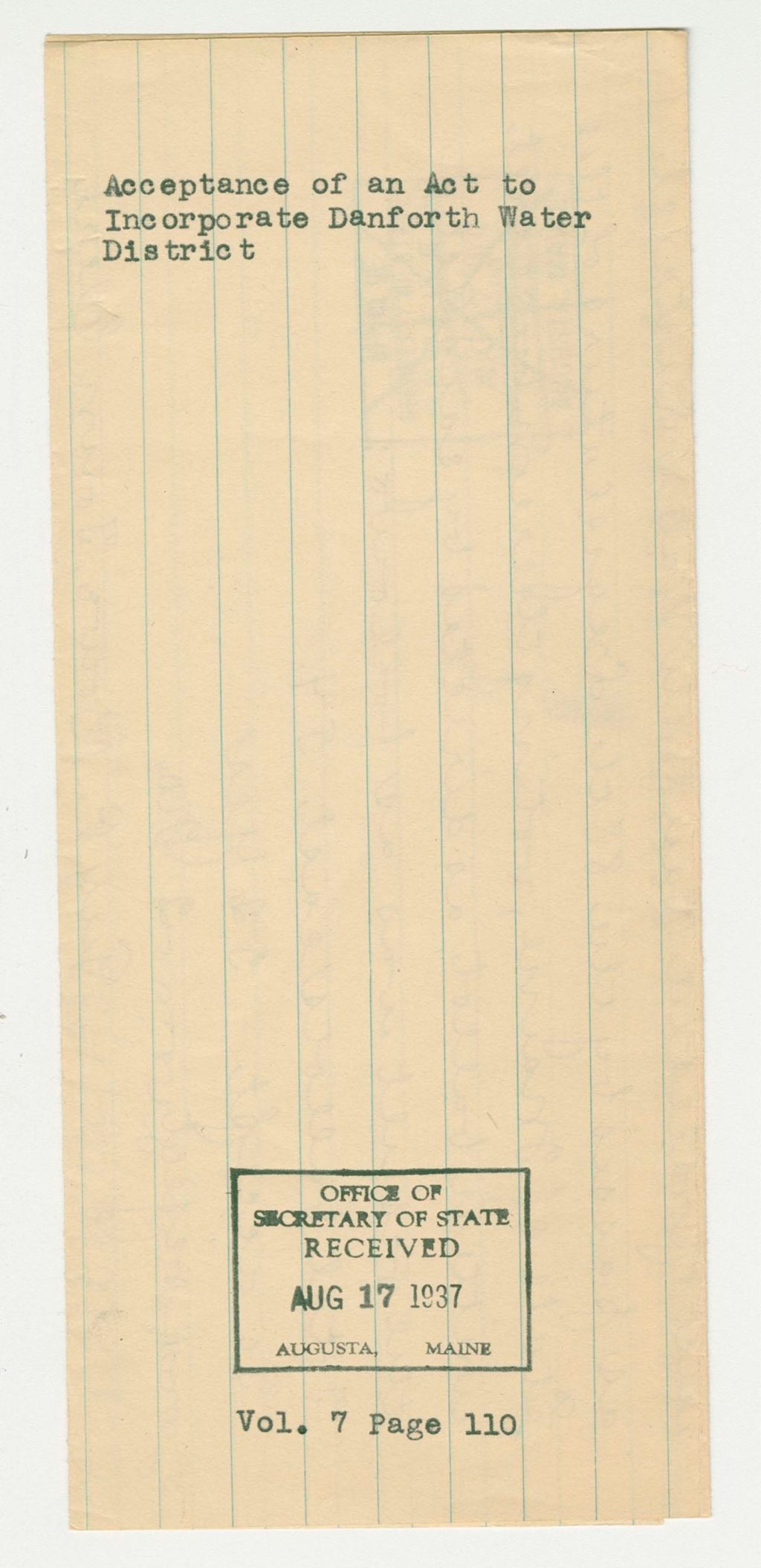Miniature of Acceptance of an Act to Incorporate Danforth Water District
