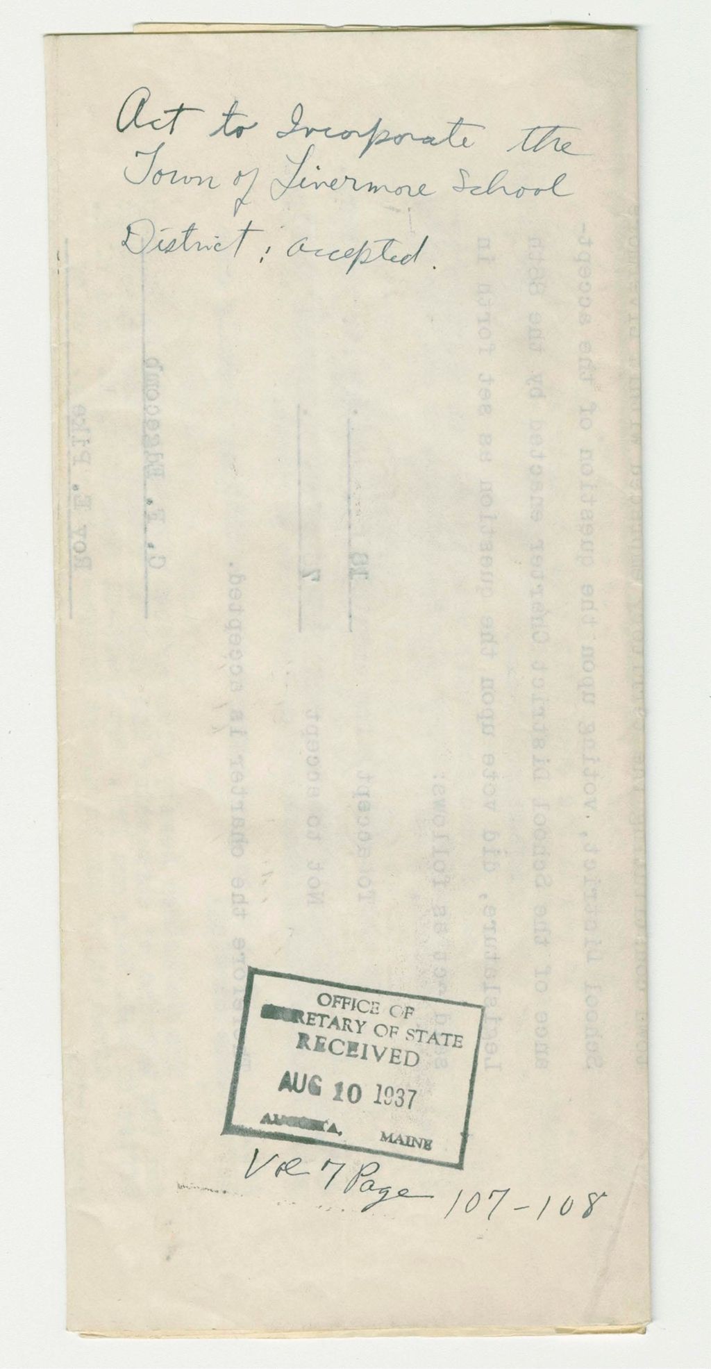 Miniature of Act to Incorporate the Town of Livermore School District