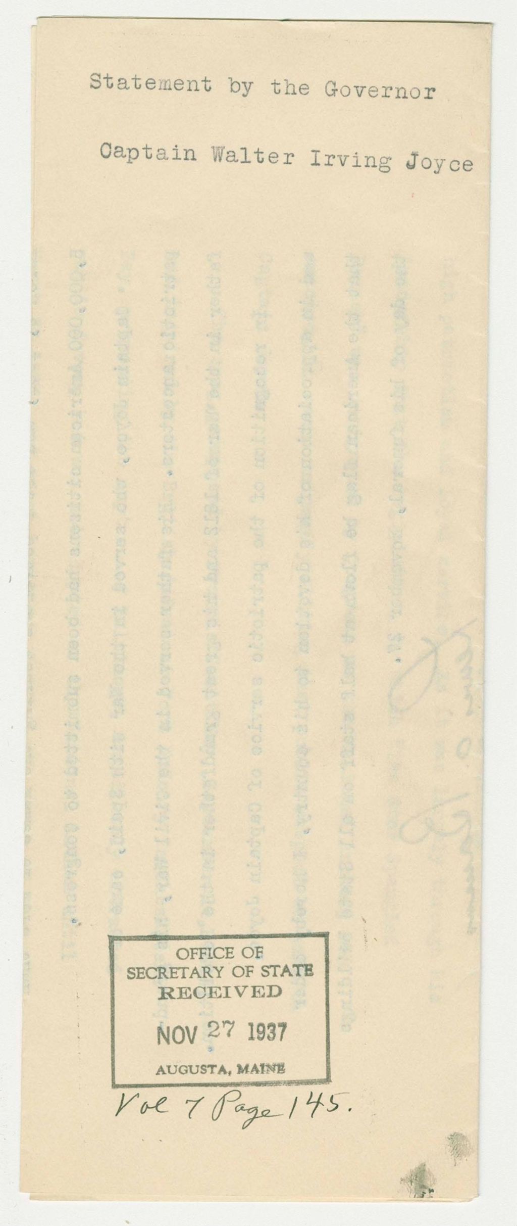 Miniature of Captain Walter Irving Joyce Statement