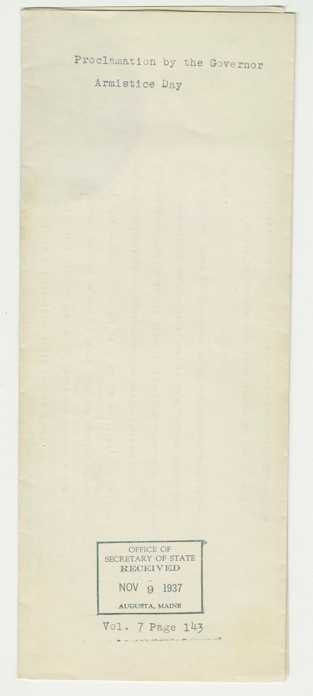Miniature of Armistice Day Proclamation