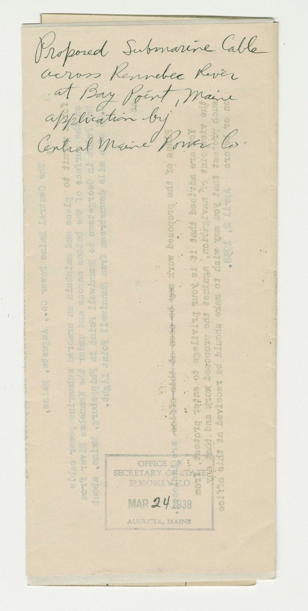 Miniature of Proposed Submarine Cable across Kennebec River at Bay Point, Maine application by Central Maine Power Company