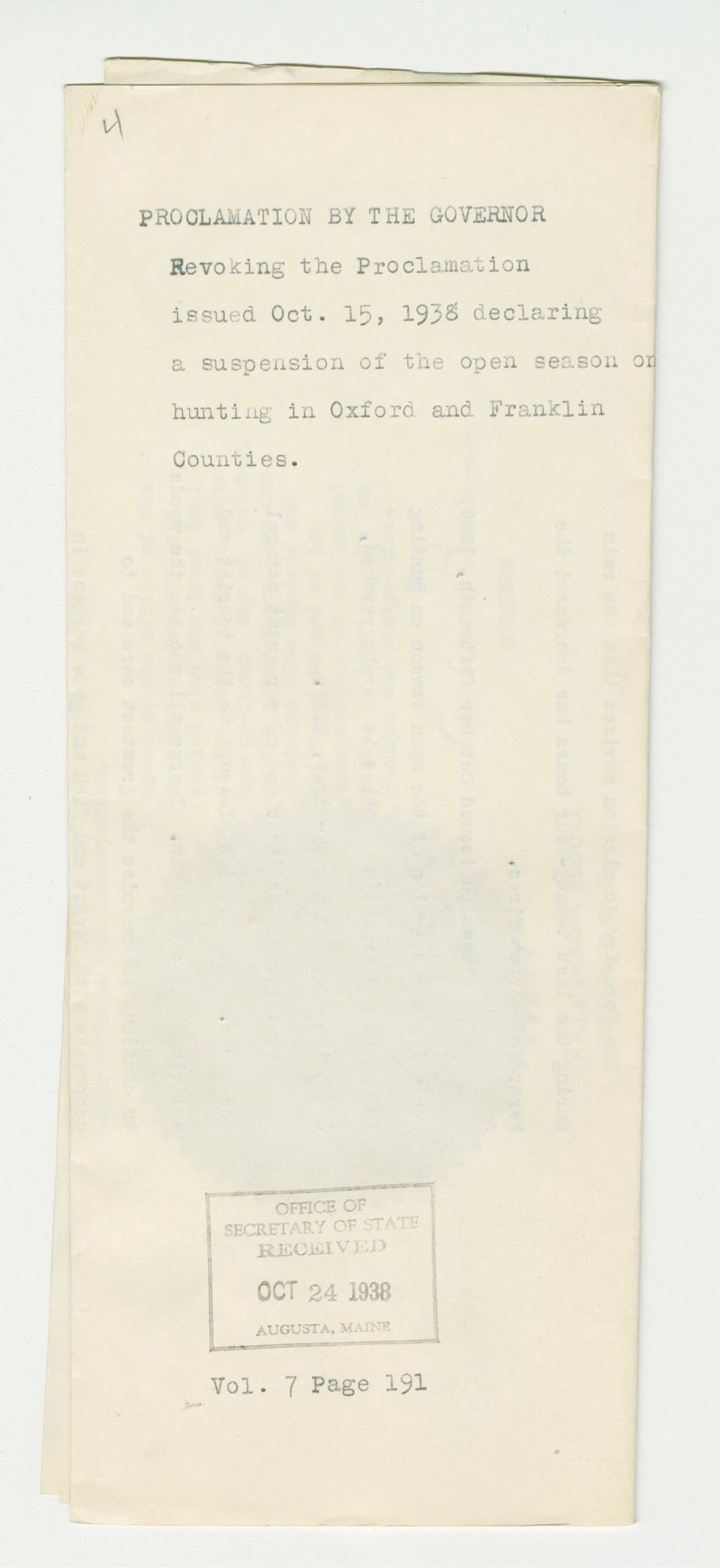Miniature of Revoking the Proclamation issued Oct. 15, 1938 declaring a suspension of the open season on hunting in Oxford and Franklin Counties