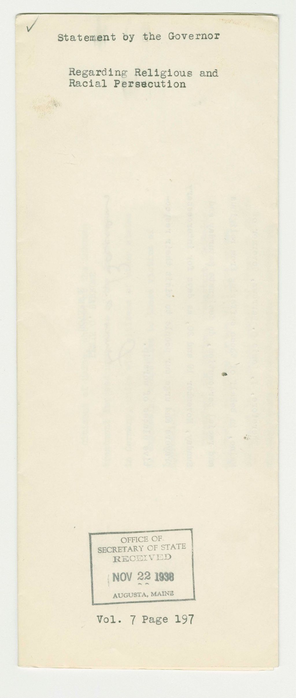Miniature of Regarding Religious and Racial Persecution Statement