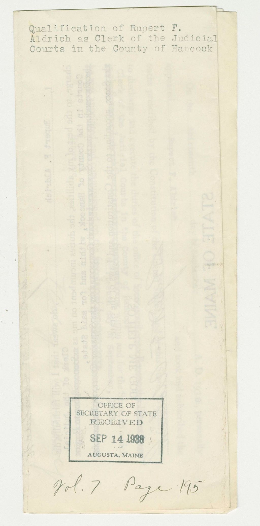 Miniature of Qualification of Rupert F. Aldrich as Clerk of the Judicial Courts in the County of Hancock