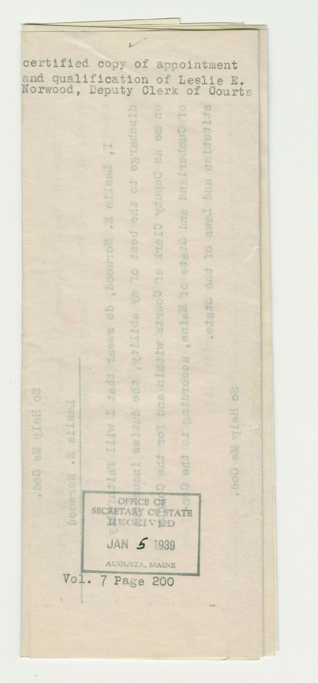 Miniature of Certified Copy of Appointment and Qualification of Leslie E. Norwood, Deputy Clerk of Courts
