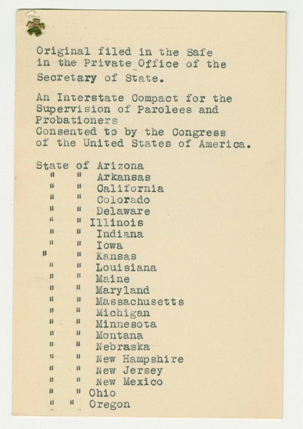 Miniature of An Interstate Compact for the Supervision of Parolees and Probationers Consented to by the Congress of the United States of America