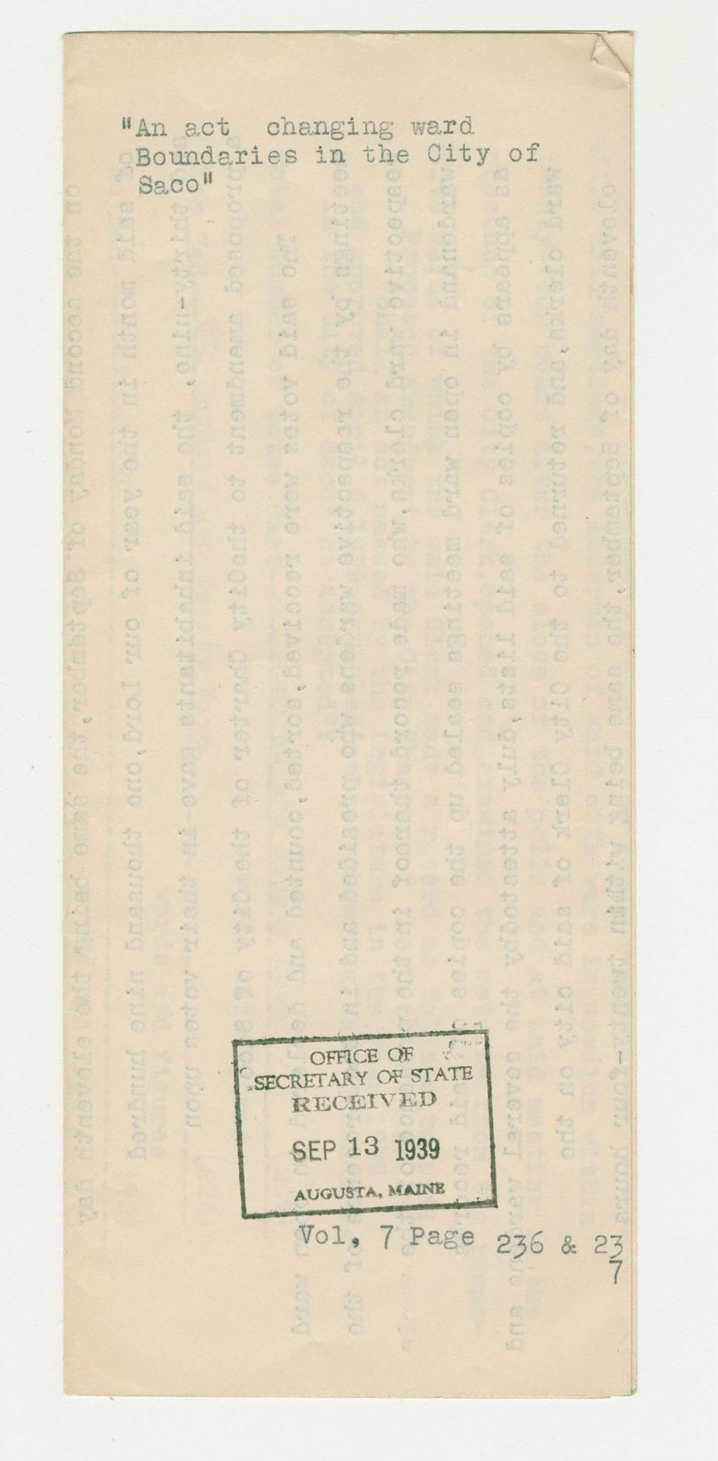 Miniature of An Act Changing Ward Boundaries in the City of Saco