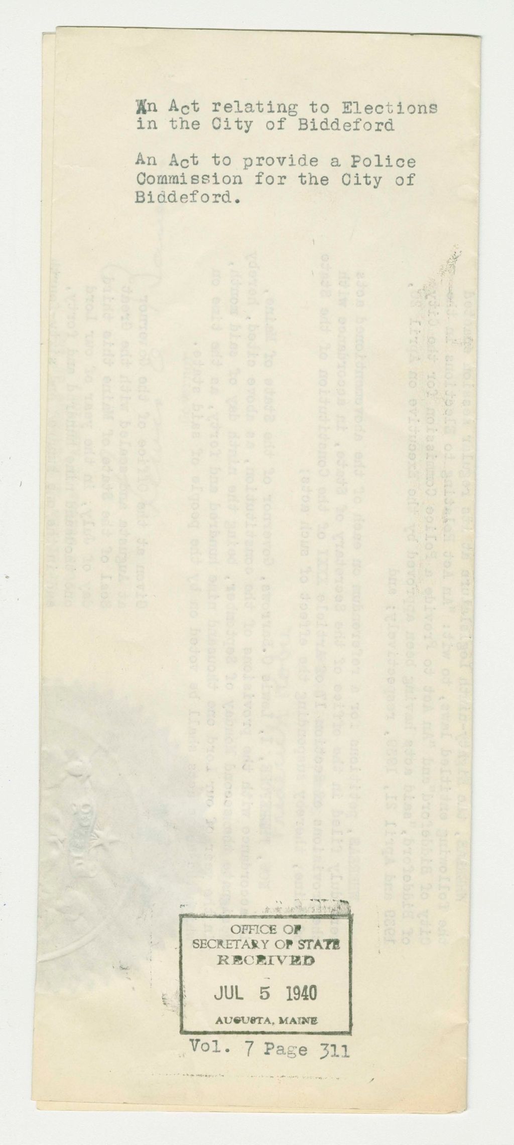 Miniature of An Act to Elections in the City of Biddeford/An Act to provide a Police Commission for the City of Biddeford