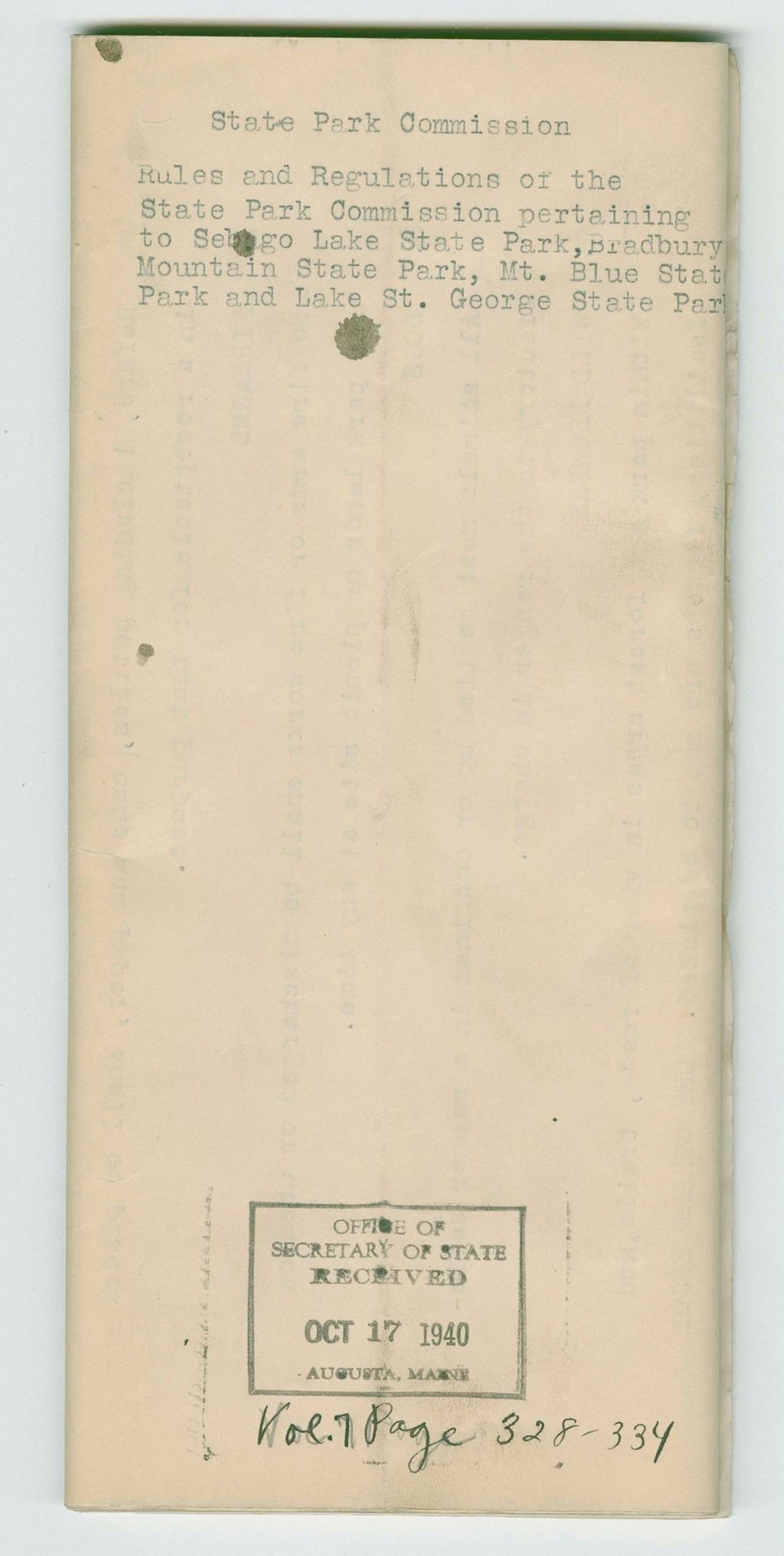 Miniature of State Park Commission Rules and Regulations of the State Park Commission pertaining to Sebago Lake State Park, Bradbury Mountain State Park, Mt. Blue State Park, and Lake St. George State Park
