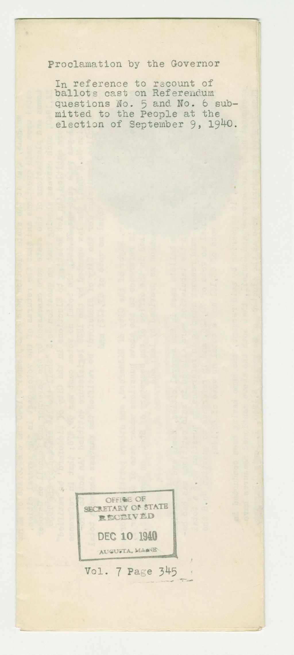 Miniature of In reference to recount of ballots cast on Referendum questions No.5 and No. 6 submitted to the people at the election of September 9, 1940