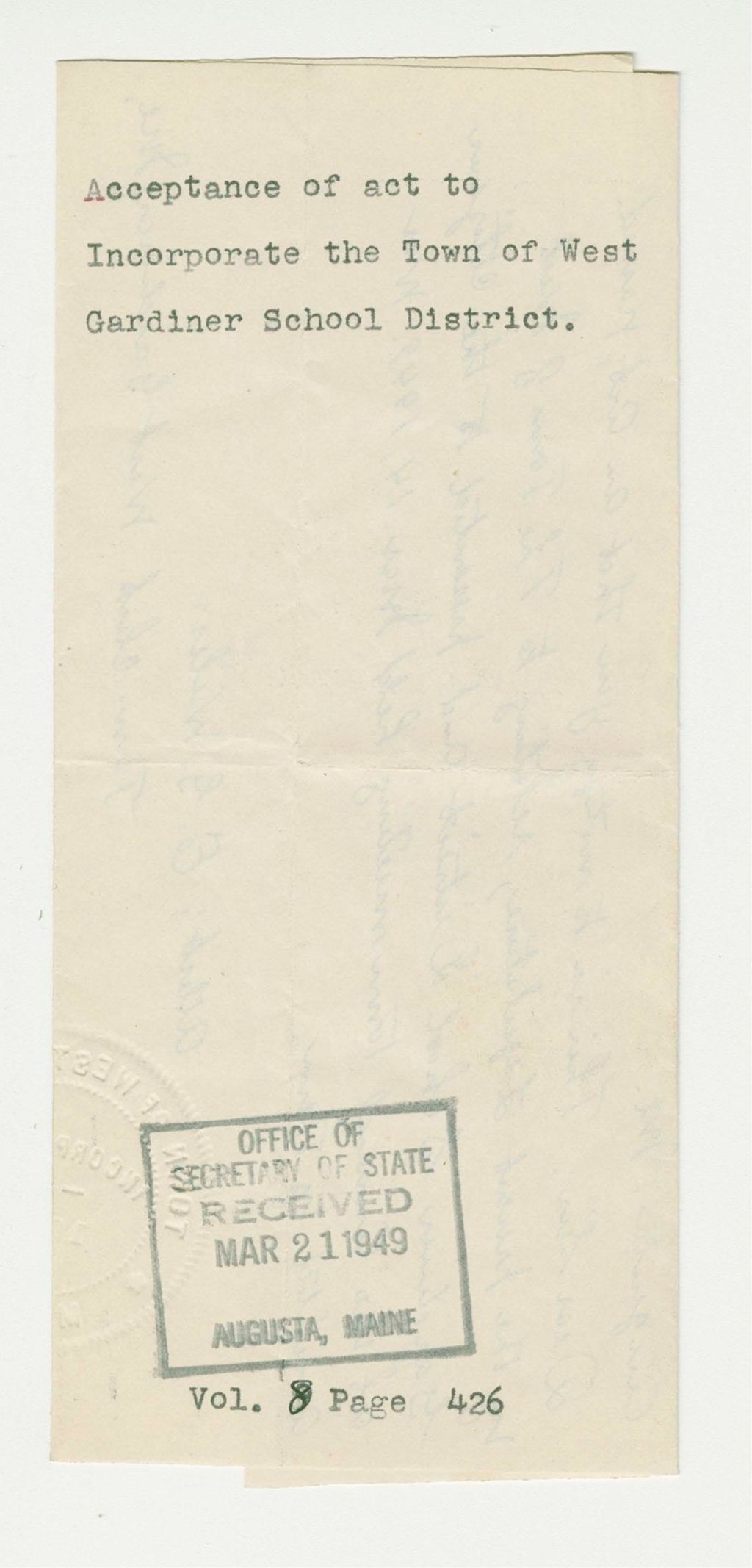 Miniature of Acceptance of act to Incorporate the Town of West Gardiner School District