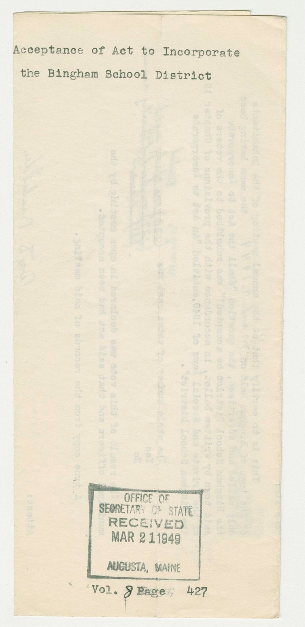 Miniature of Acceptance of Act to Incorporate the Bingham School District