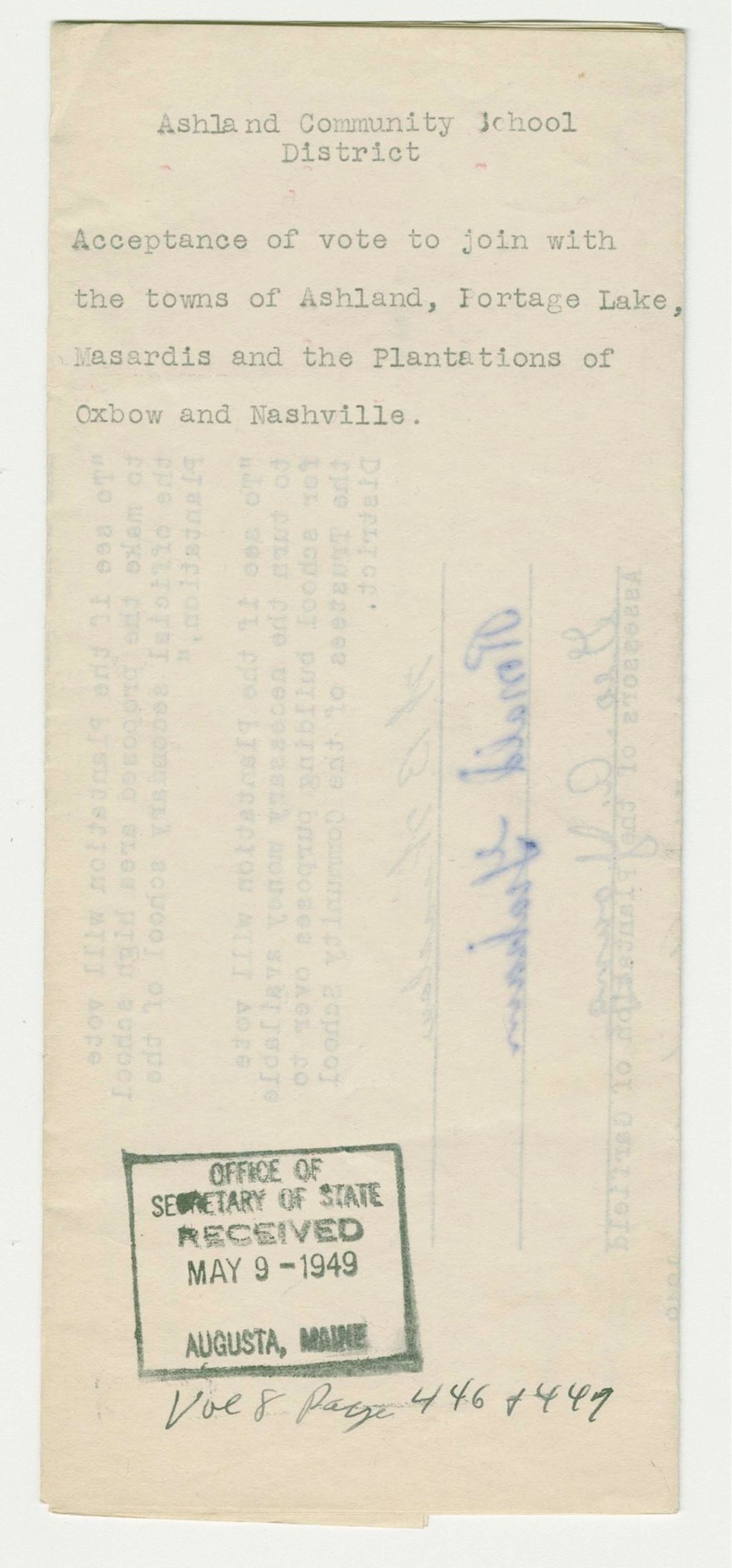 Miniature of Ashland Community School District Acceptance of vote to join with the towns of Ashland, Portage Lake, Masardis and the Plantations of Oxbow and Nashville