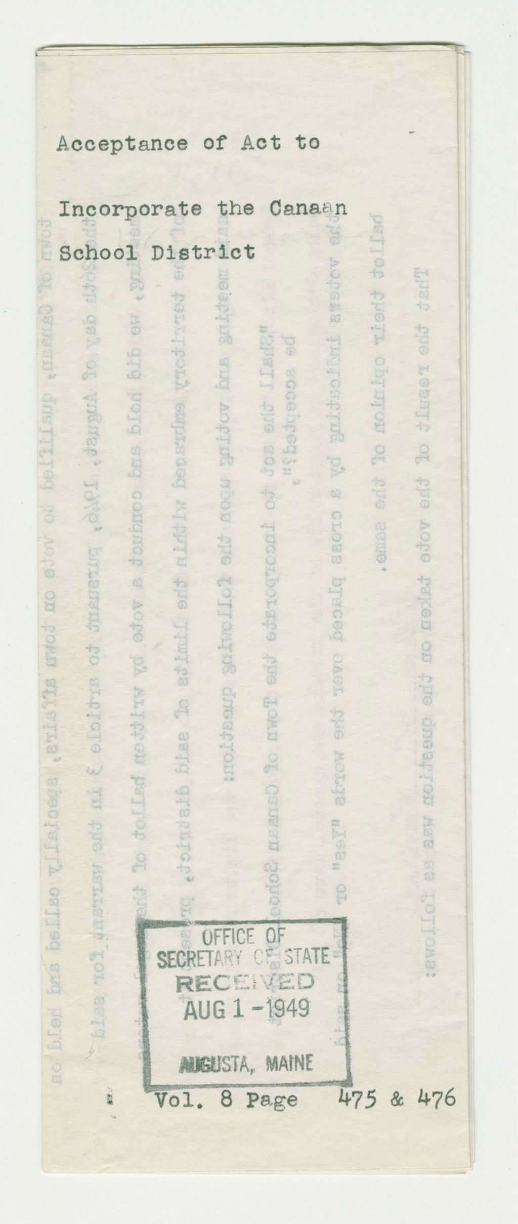 Miniature of Acceptance of Act to Incorporate the Canaan School District