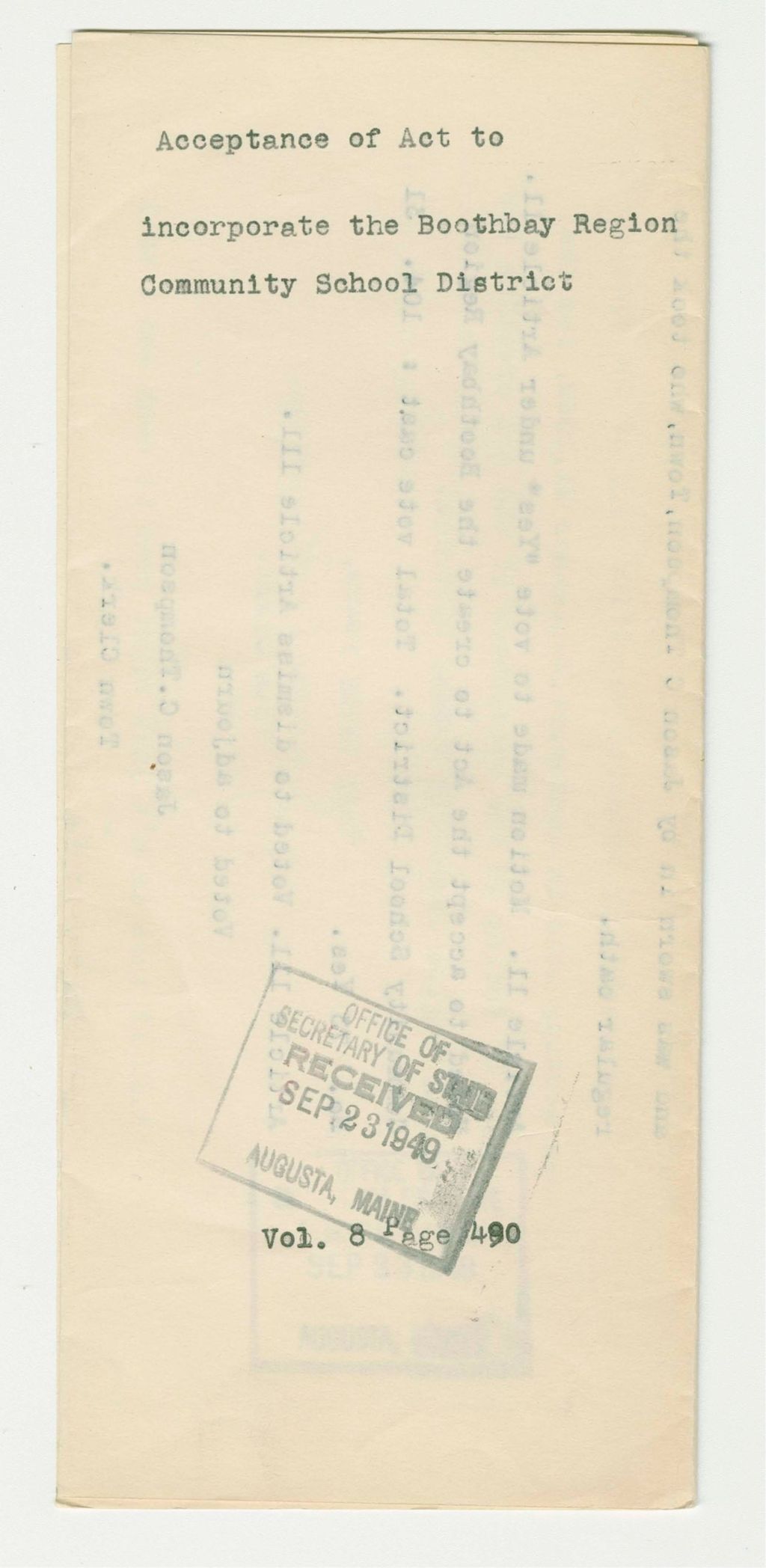 Miniature of Acceptance of Act to incorporate the Boothbay Region Community School District