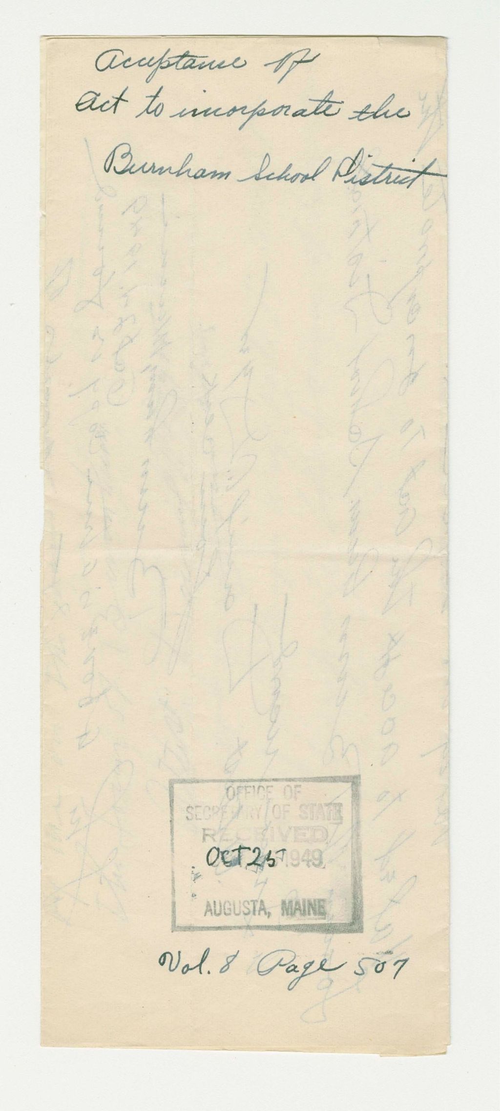 Miniature of Acceptance of Act to Incorporate the Burnham Schhol District