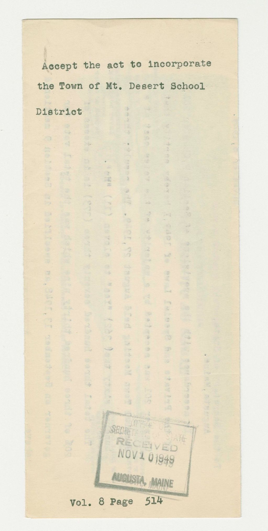 Miniature of Accept the act to incorporate the Town of Mt. Desert School District