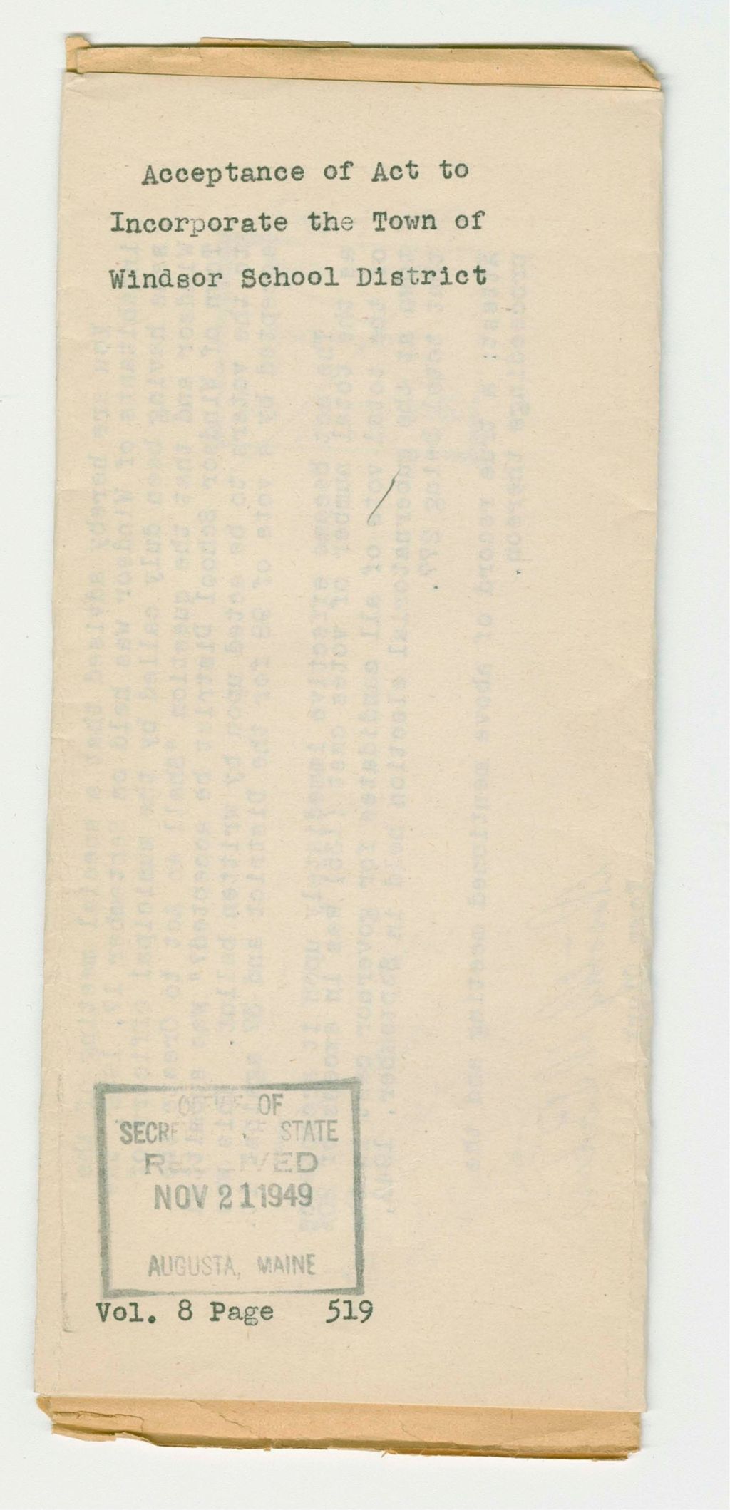 Miniature of Acceptance of Act to Incorporate the Town of Windsor School District