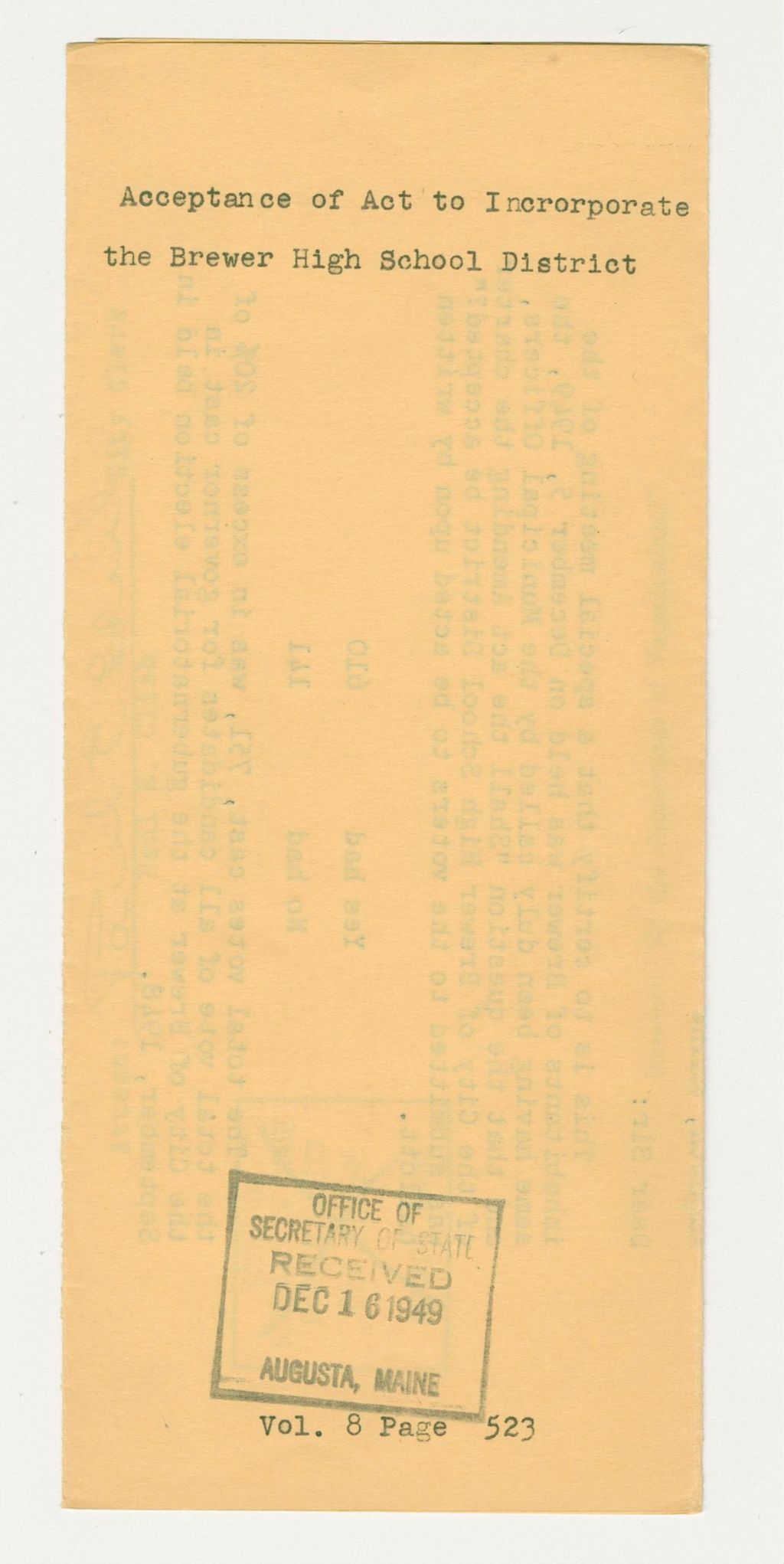 Miniature of Acceptance of an Act to Incorporate the Brewer High School District