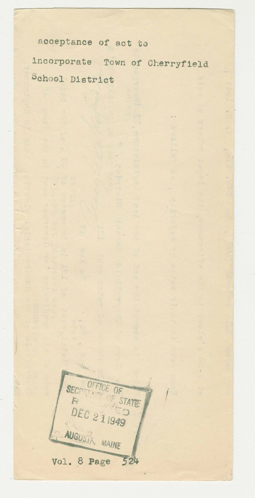 Miniature of acceptance of an act to incorporate Town of Cherryfield School District
