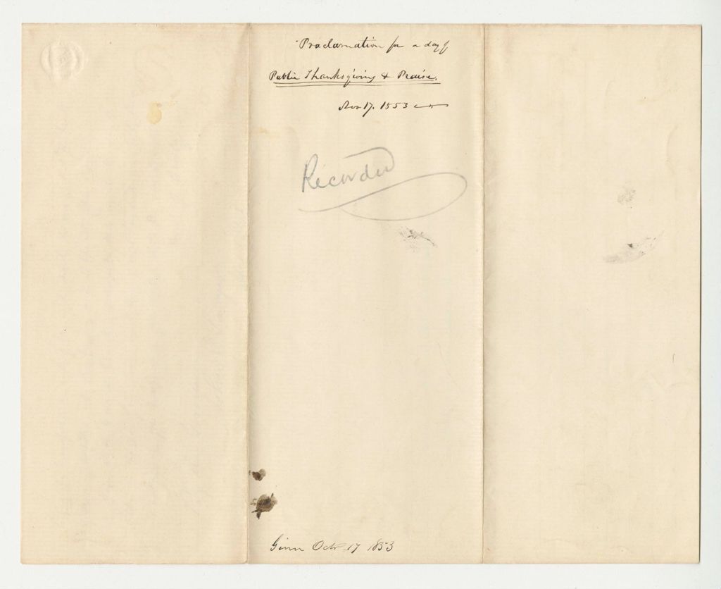 Miniature of Proclamation for a day of Public Thanksgiving and Praise November 17, 1853