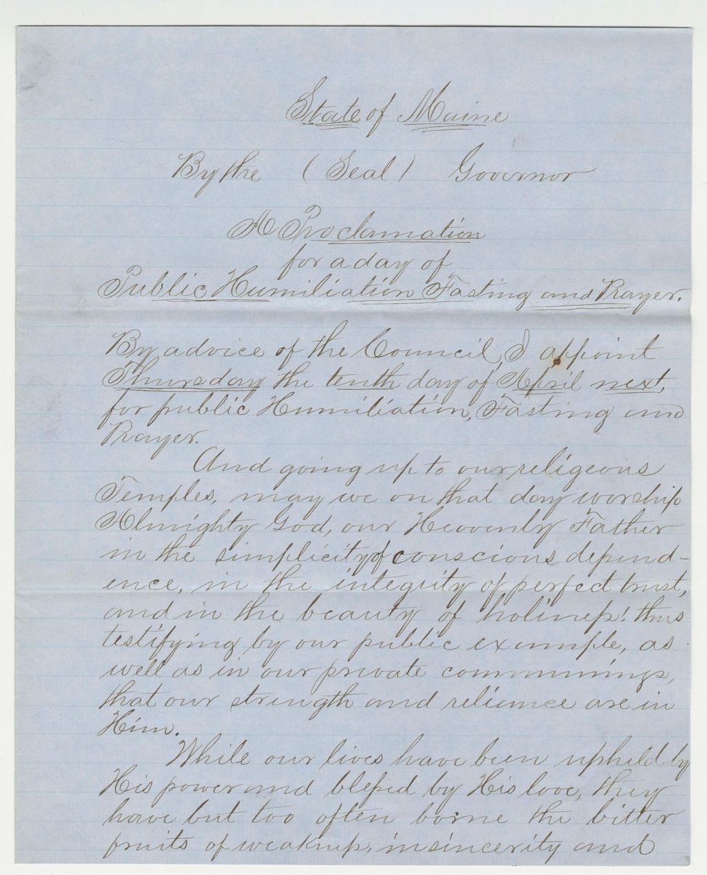 Miniature of Proclamation for a Day of Public Humiliation, Fasting, and Prayer