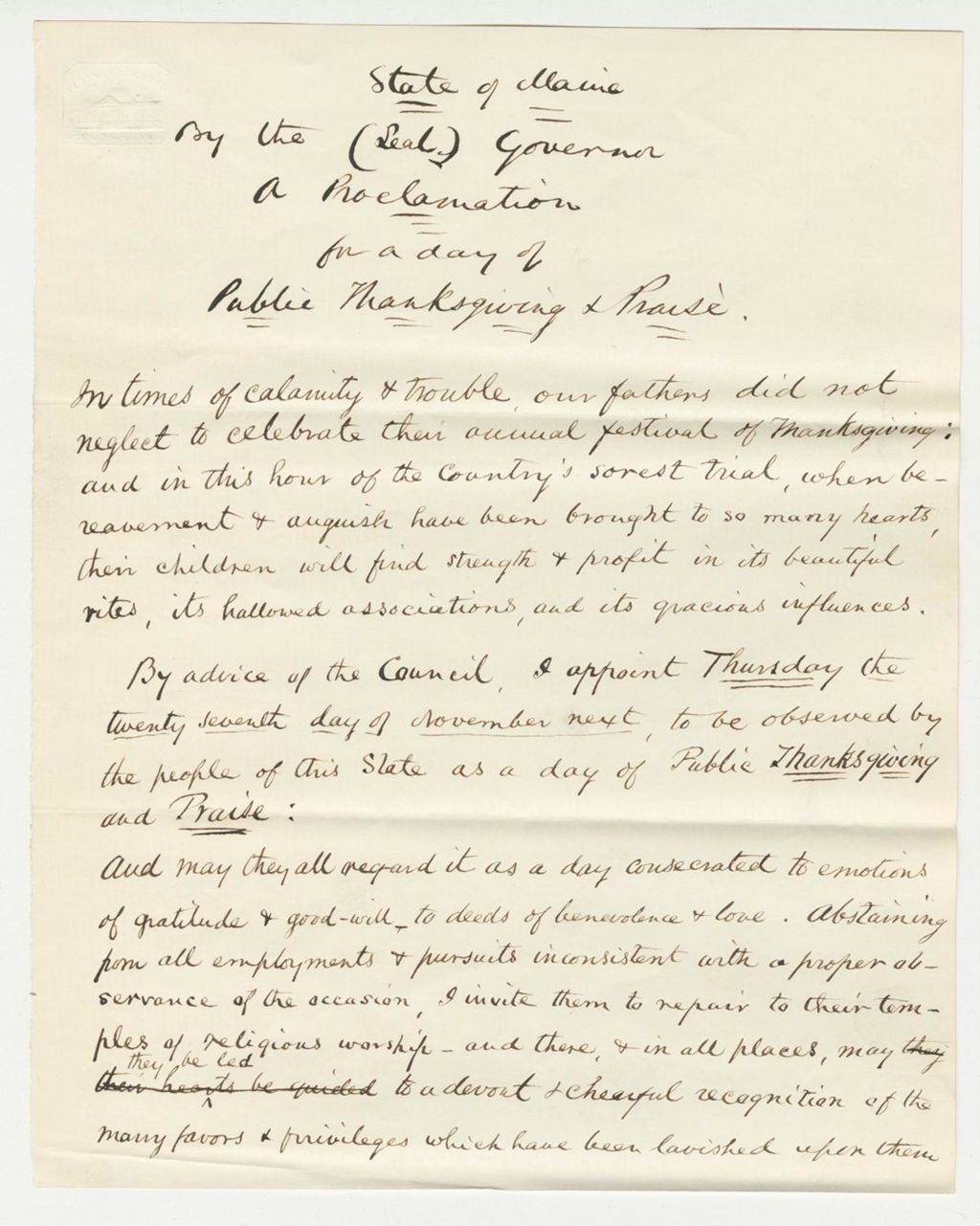 Miniature of Proclamation for a Day of Public Thanksgiving and Praise