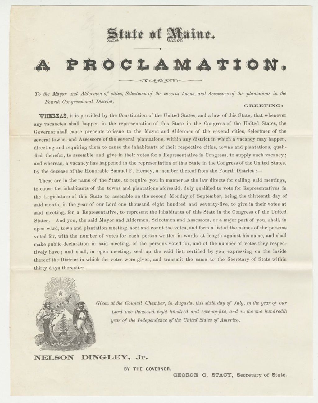 Miniature of Proclamation on the Towns and Plantations of the 4th Congressional District