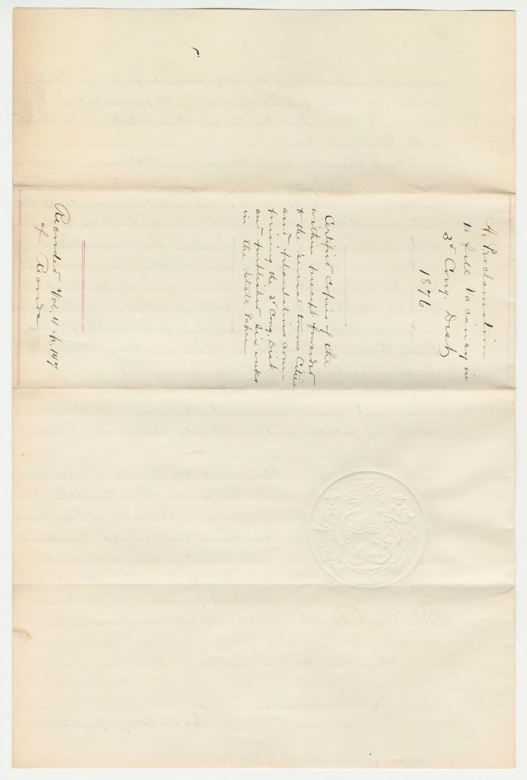 Miniature of Proclamation to fill a Vacancy in the 3rd Congressional District