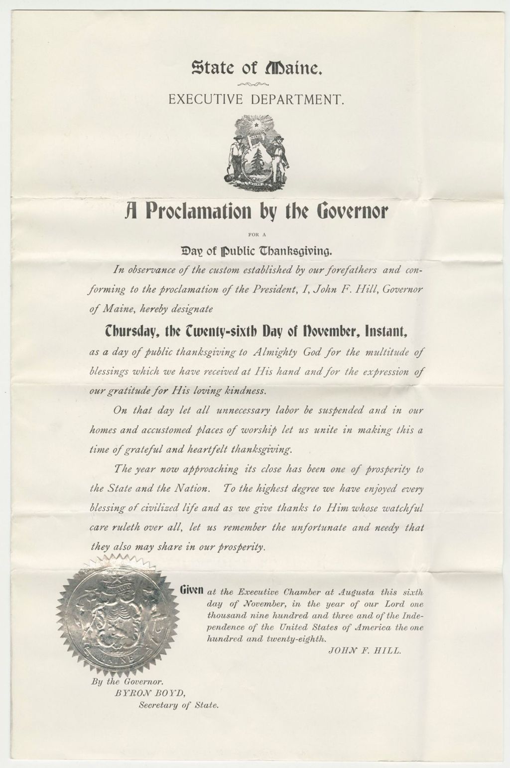 Miniature of Proclamation for a Day of Public Thanksgiving