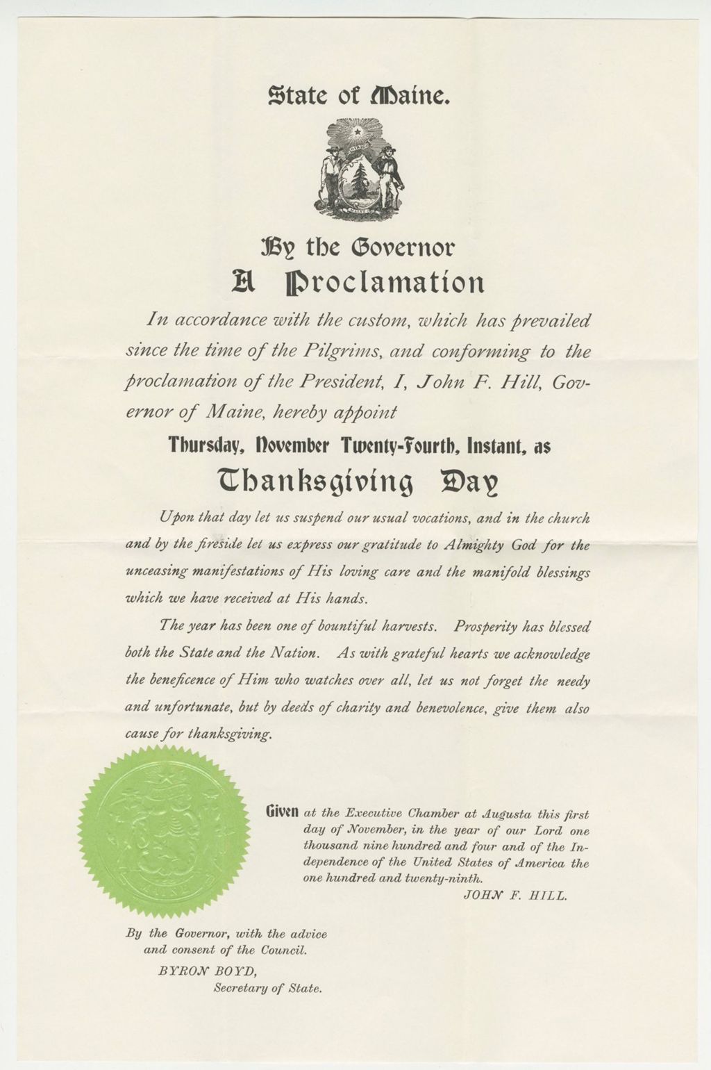 Miniature of Proclamation for a Thanksgiving Day