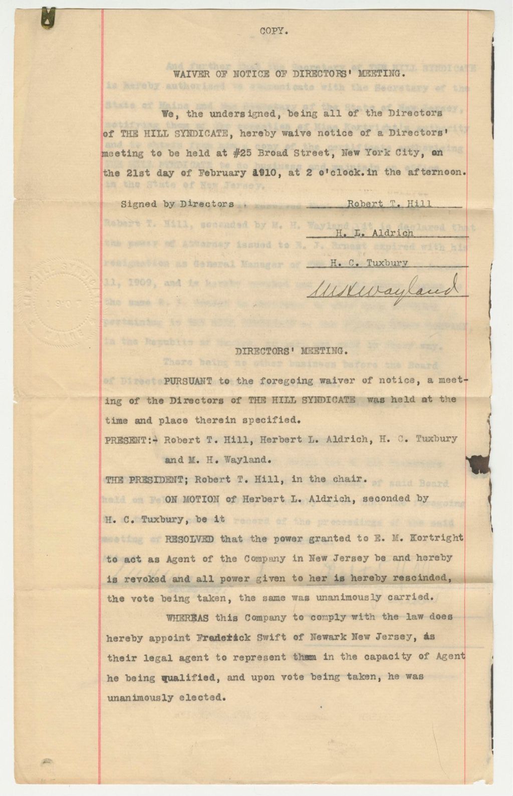 Miniature of Hill Syndicate Director's Meeting Notice