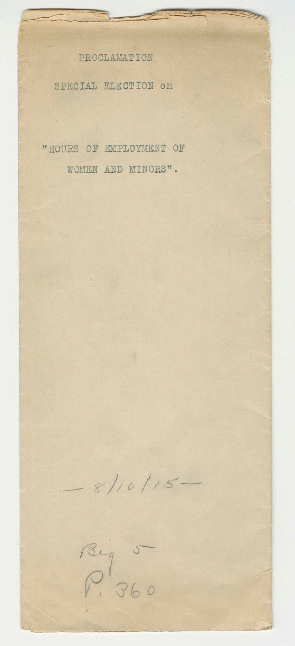 Miniature of Proclamation of Special Election on "Hours of Employment of Women and Minors"
