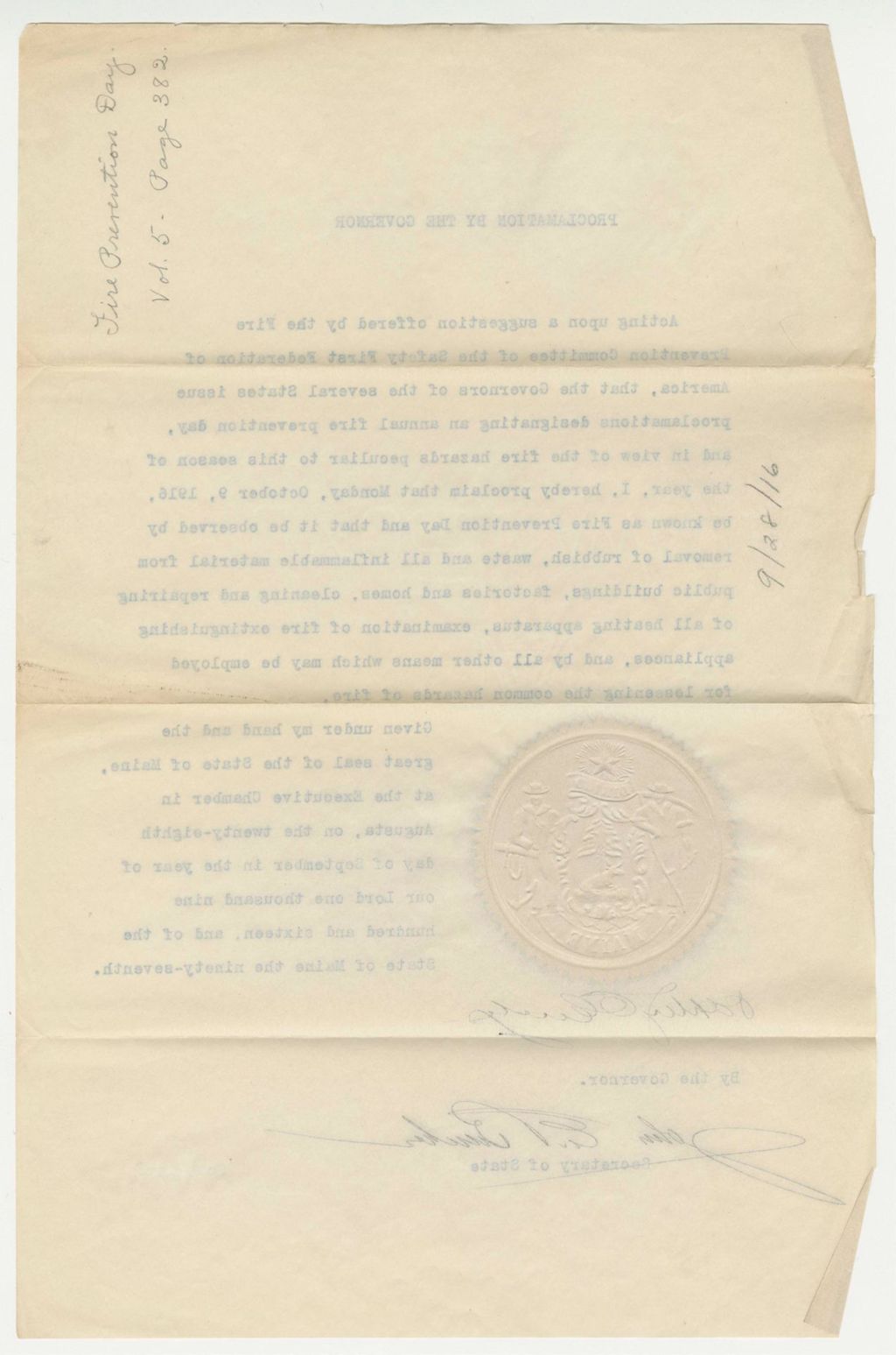 Miniature of 1916 Fire Prevention Day Proclamation
