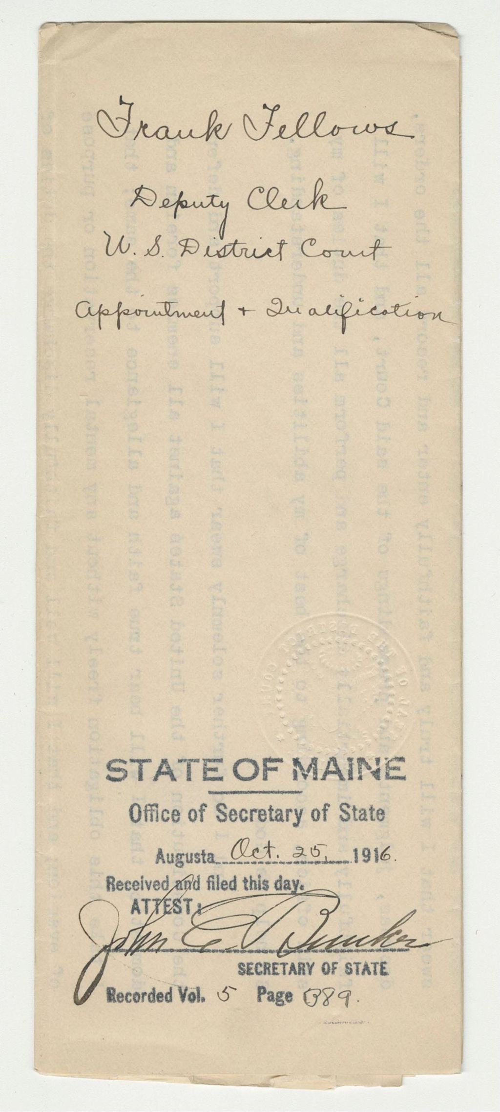 Miniature of Appointment and Qualification of Frank Fellows as Deputy Clerk USDC