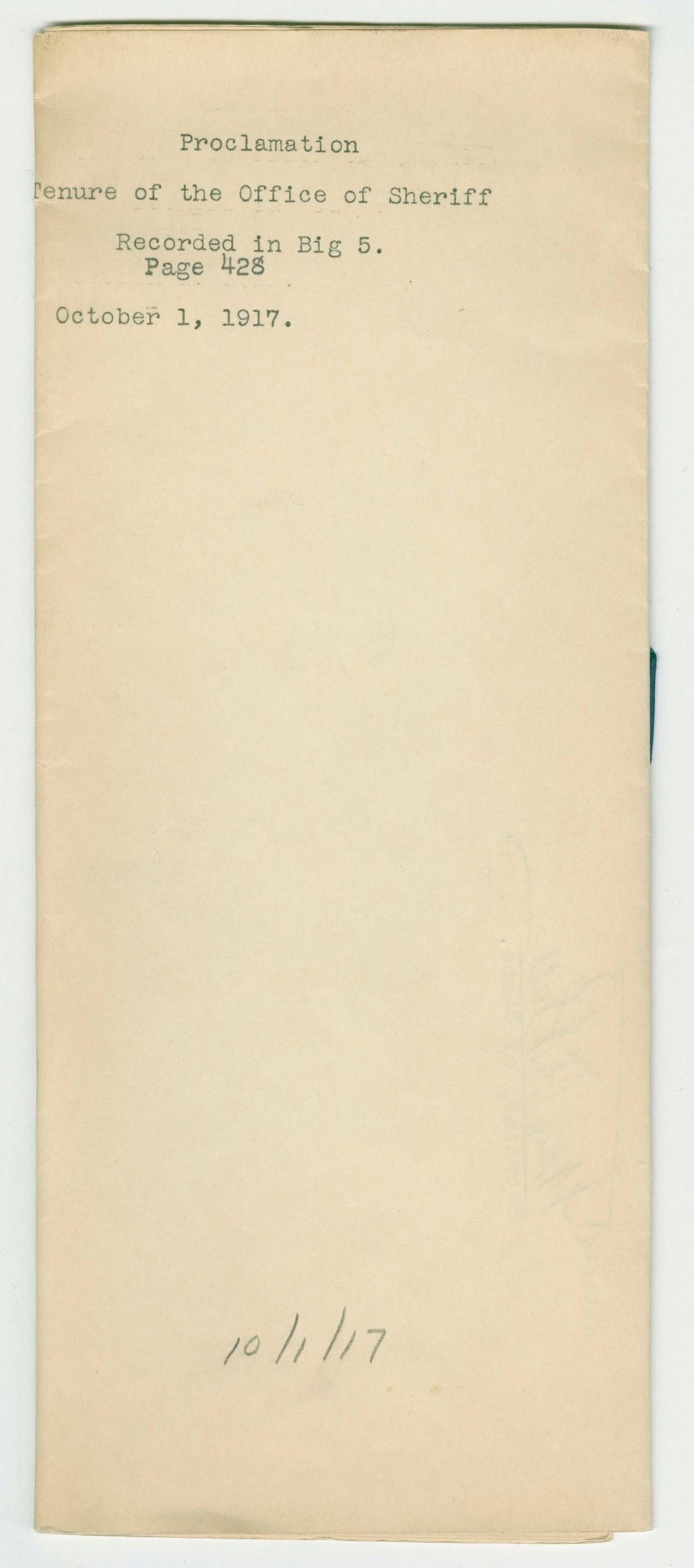 Miniature of Proclamation Tenure of the Office of Sheriff