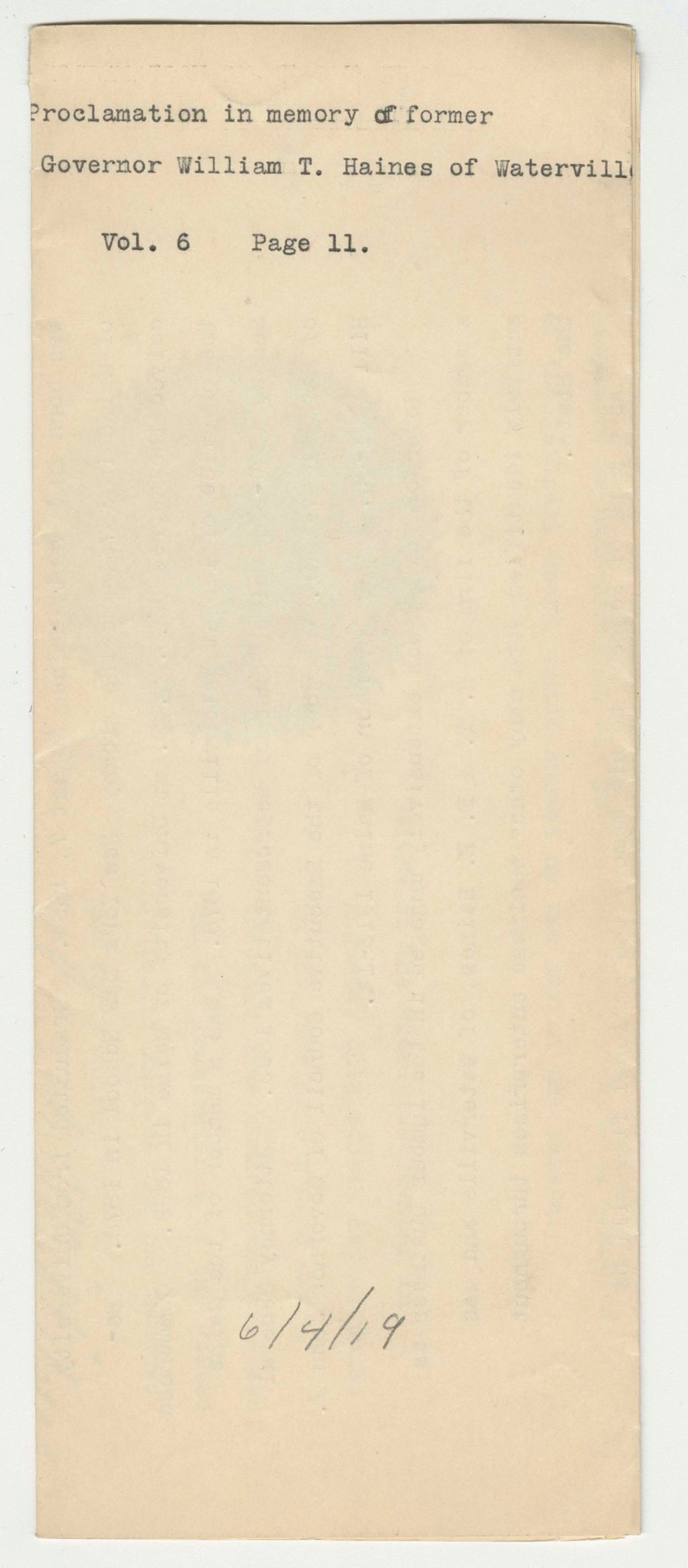 Miniature of Proclamation in memory of former Governor William T. Haines of Waterville