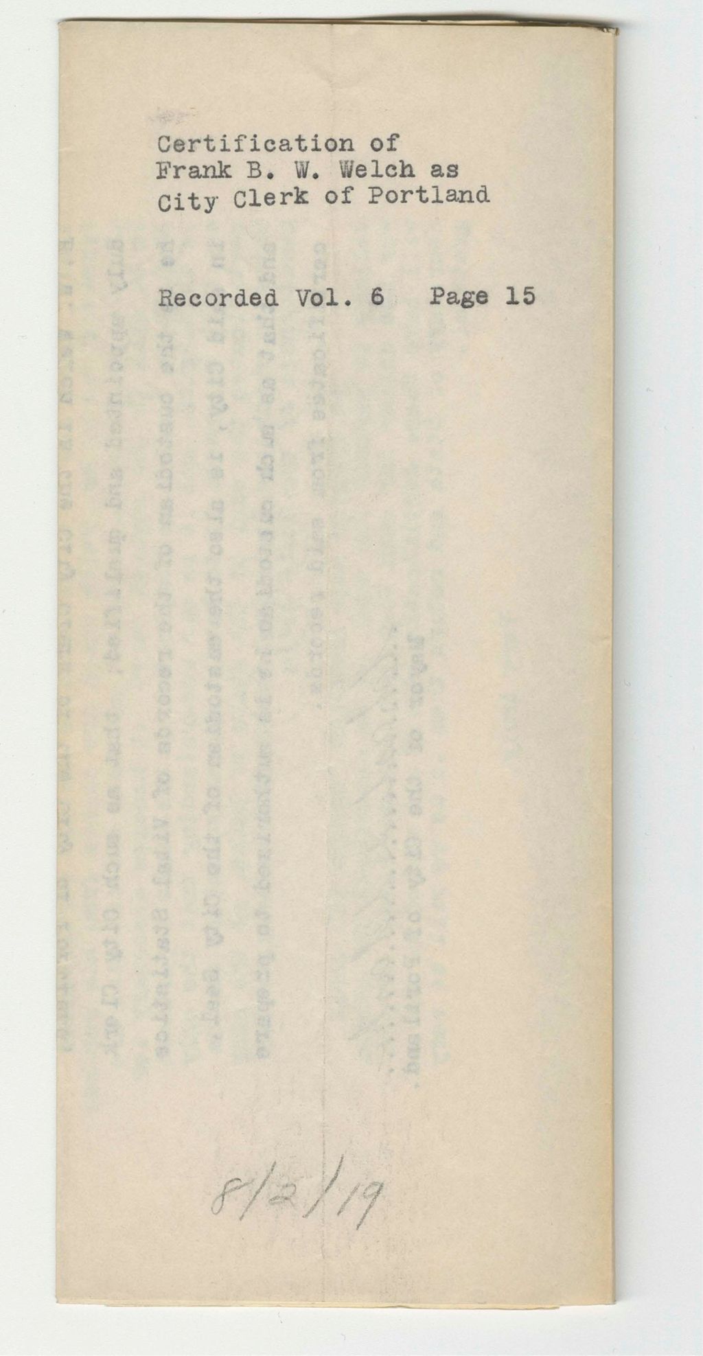 Miniature of Certification of Frank B.W. Welch as City Clerk of Portland
