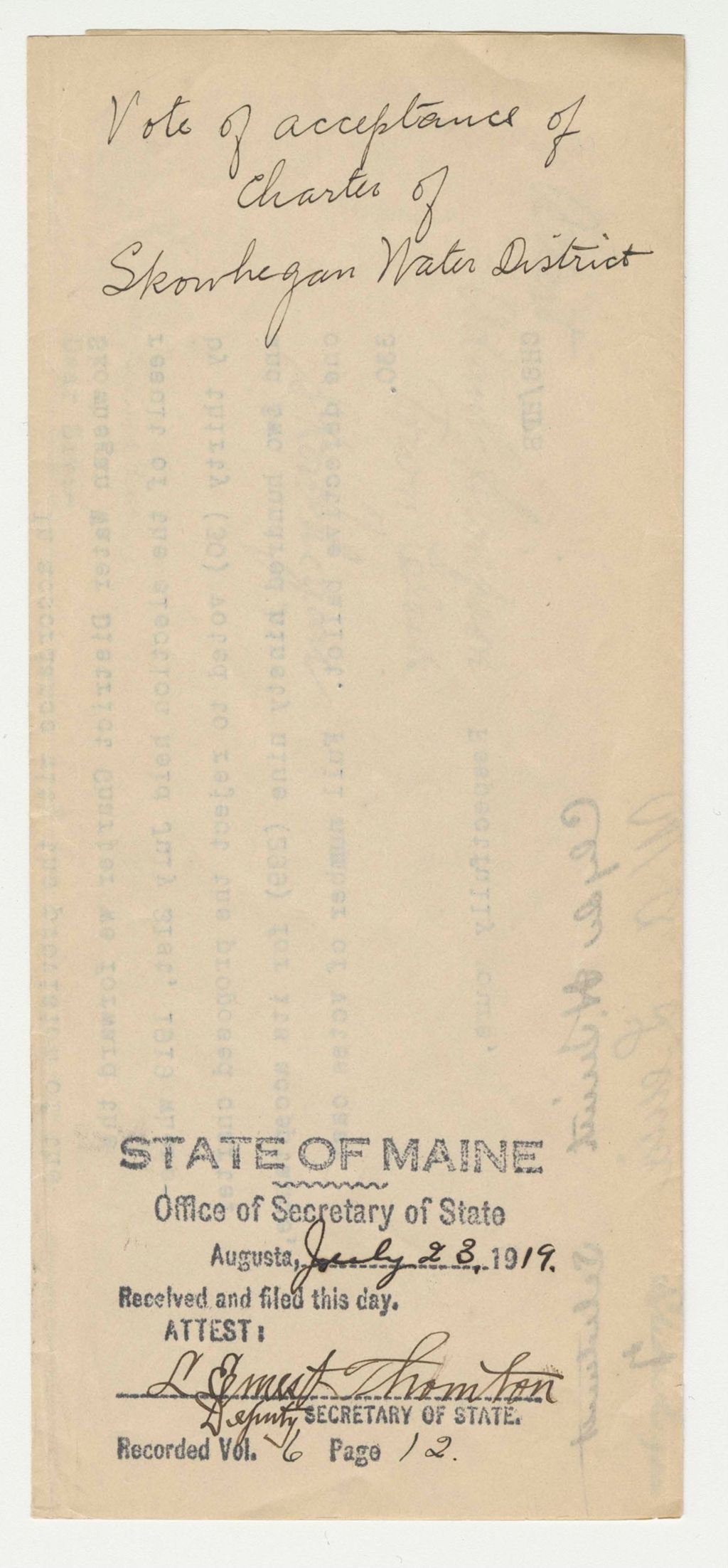 Miniature of Vote of Acceptance of Charter of Skowhegan Water District