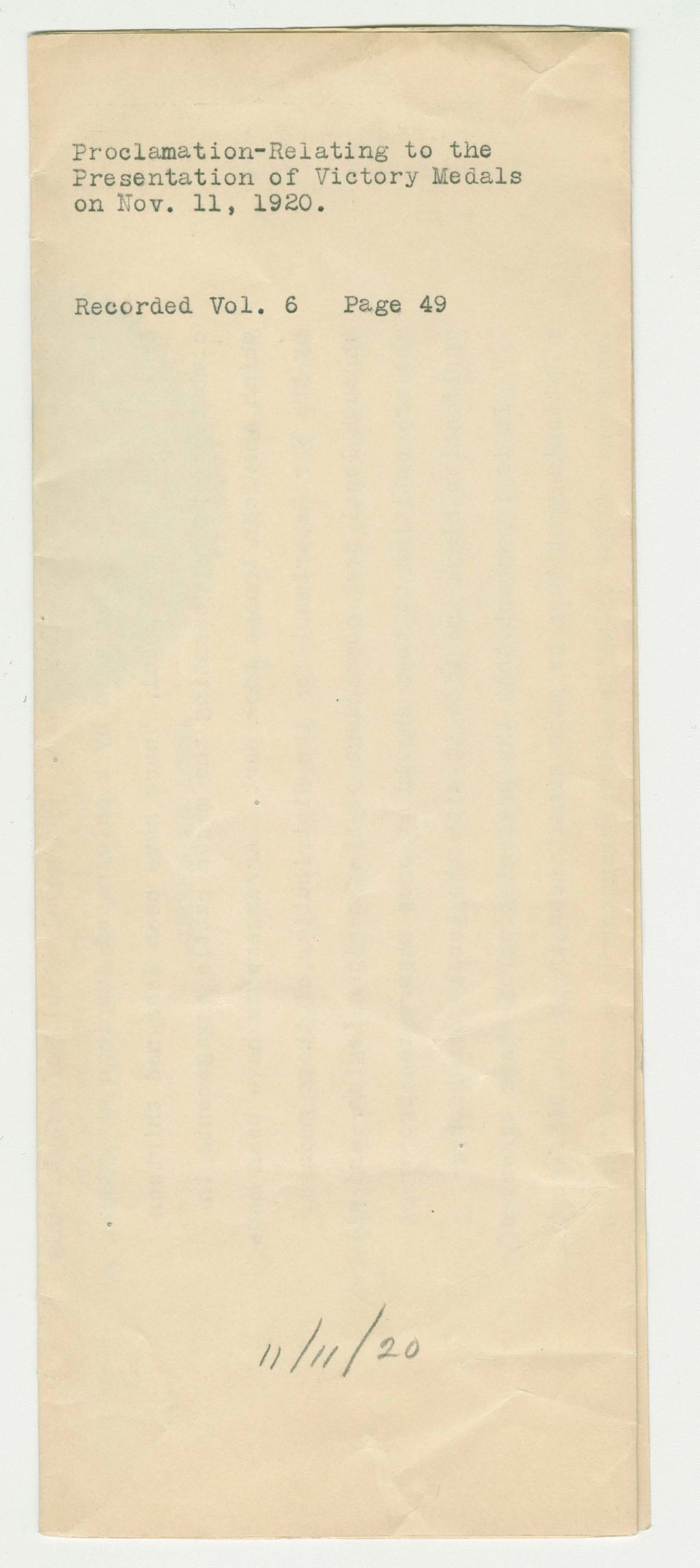 Miniature of Proclamation Relating to the Presentation of Victory Medals