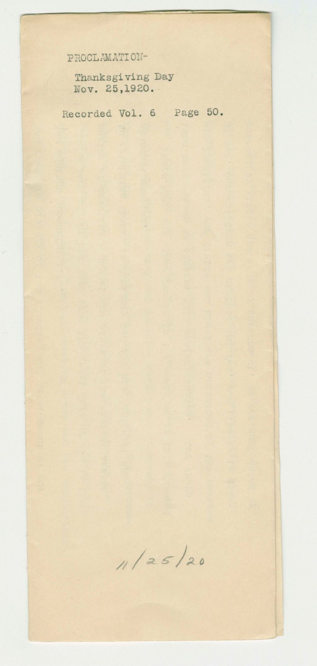 Miniature of 1920 Thanksgiving Day Proclamation