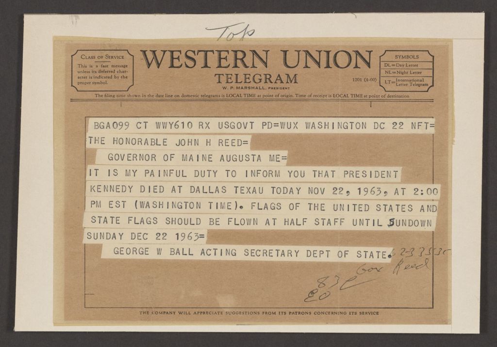 Miniature of Telegram from George Ball to Gov. Reed about President Kennedy's Death