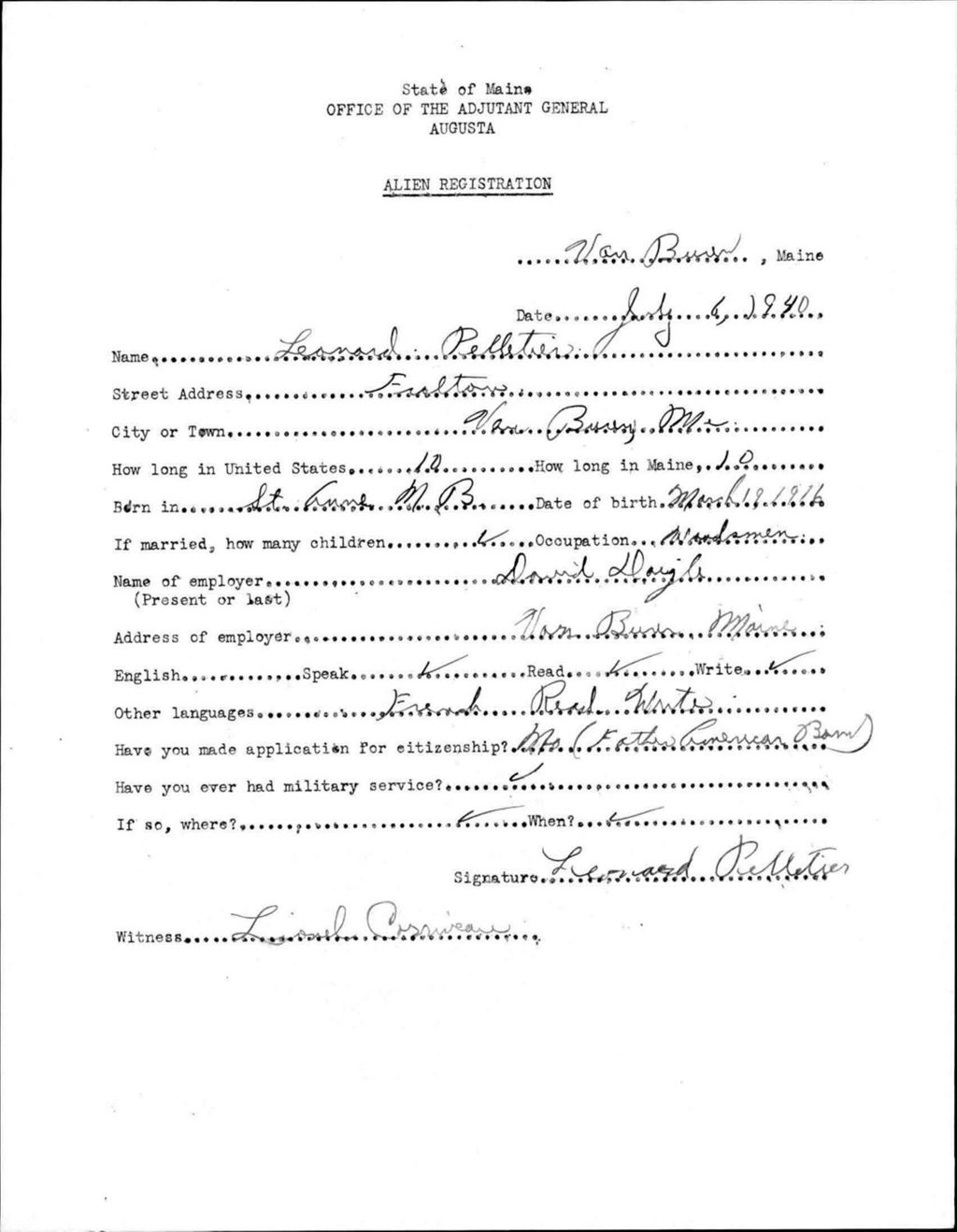 Miniature of Alien Registration- Pelletier, Leonard (Van Buren, Aroostook County)